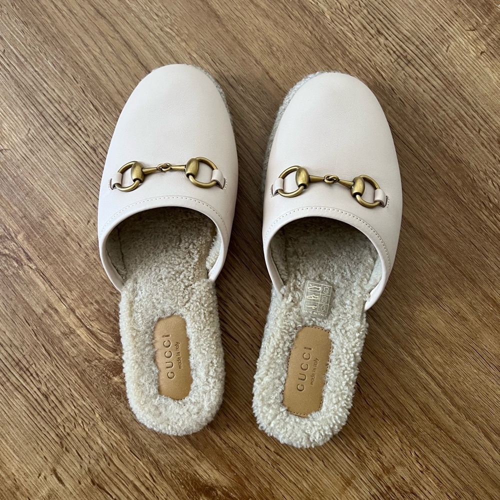 Gucci Beige Horsebit Leather/Shearling mules